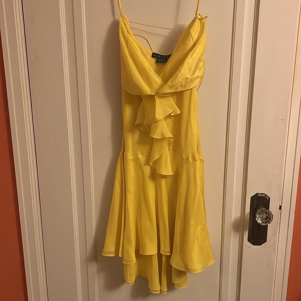Ralph Lauren Silk Yellow dress With gorgeous feathers on tie in back. Perfect!